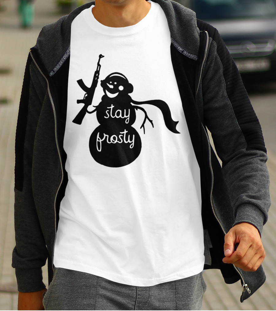 Stay Frosty Snowman With Headphones And Rifle T-Shirt