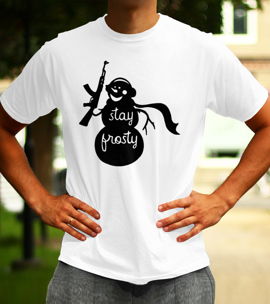 Stay Frosty Snowman With Headphones And Rifle T-Shirt