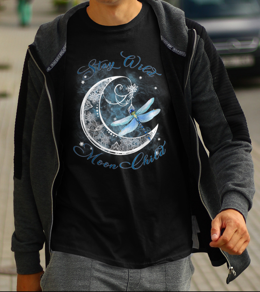 Stay Wild Moon Child Dreamy Dragonfly On Crescent Moon T-Shirt