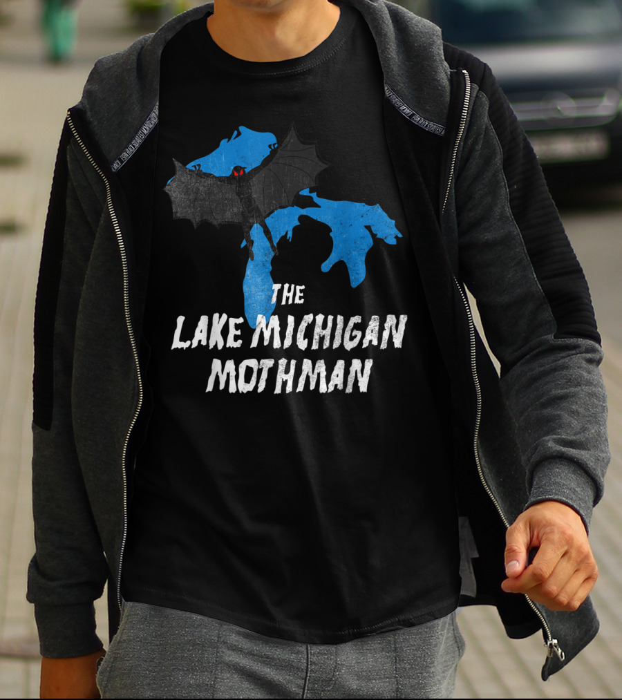 The Lake Michigan Mothman Over Michigan Map With Black And Red Bat Monster T-Shirt
