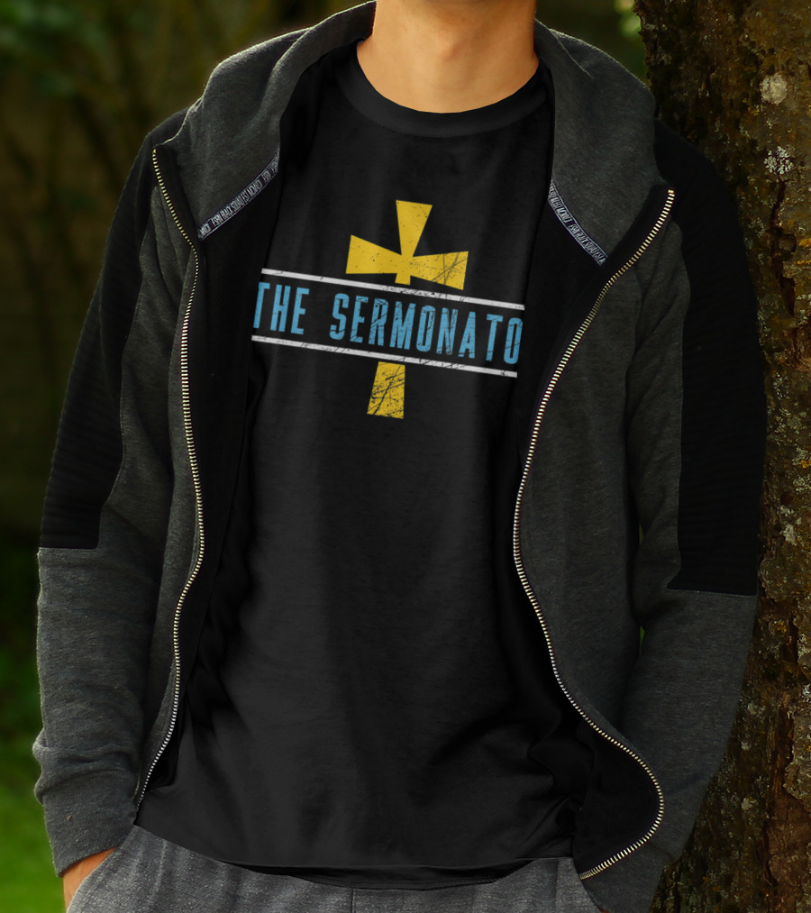 The Sermonator Distressed Cross Symbol Text T-Shirt