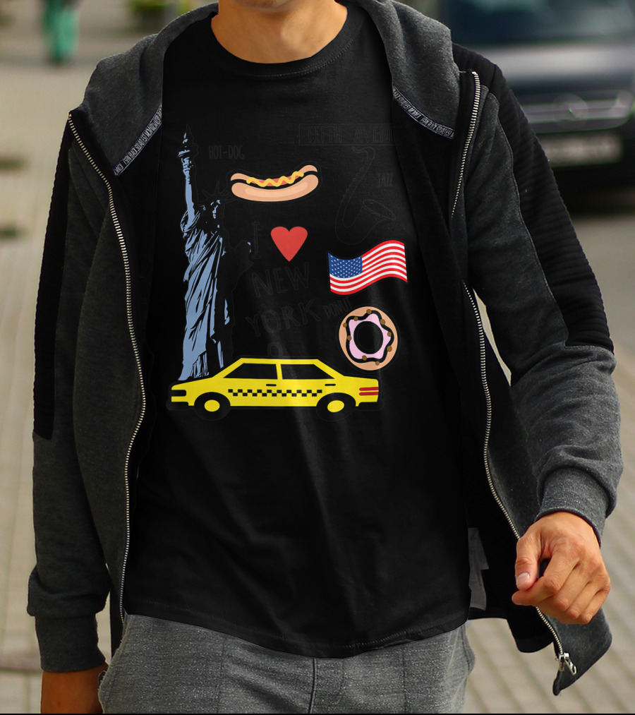 I Heart New York Top Spots Statue Of Liberty Taxi Fifth Avenue Hot Dog Jazz Donut American Flag T-Shirt