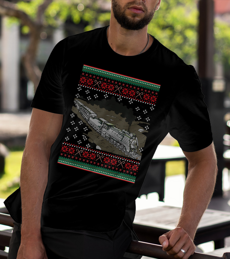 Steam Engine Train Ugly Christmas Pattern Railroad T-Shirt