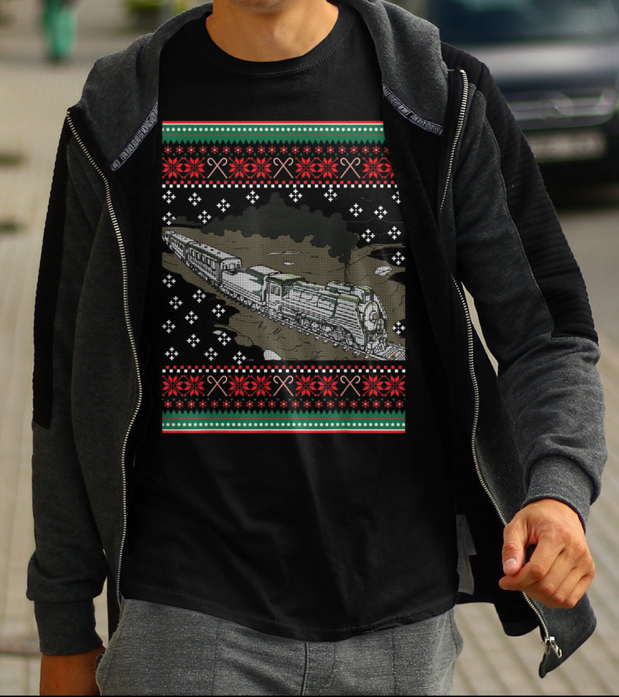 Steam Engine Train Ugly Christmas Pattern Railroad T-Shirt