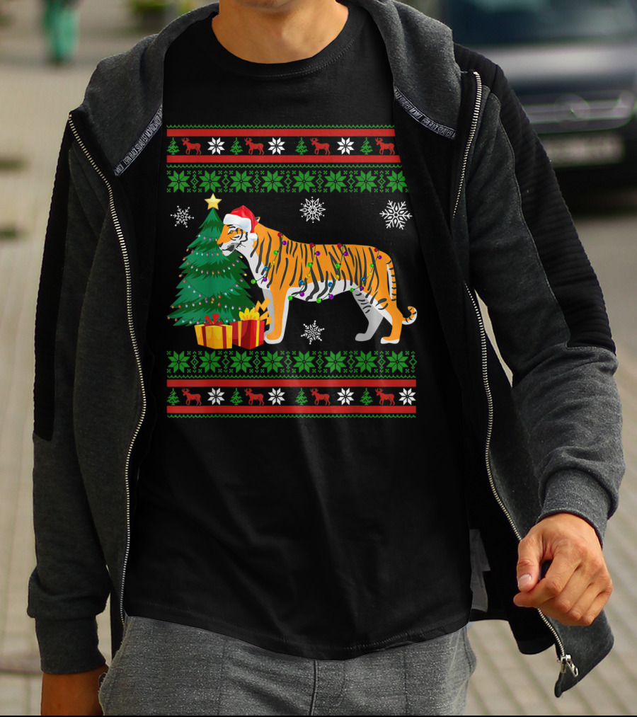 Tiger With Santa Hat And Christmas Tree Holiday Pattern Snowflakes And Reindeer T-Shirt