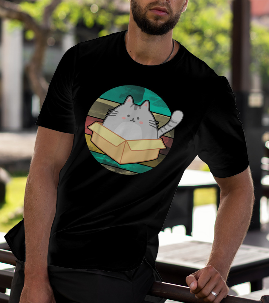 Retro Fat Cat In Box With Vintage Stripes T-Shirt