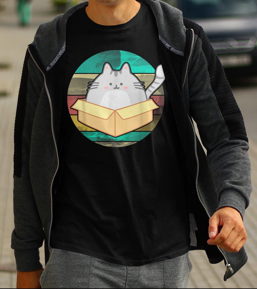 Retro Fat Cat In Box With Vintage Stripes T-Shirt