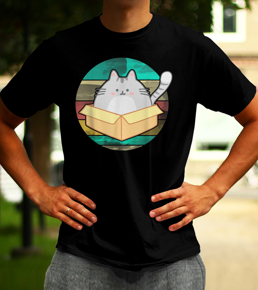 Retro Fat Cat In Box With Vintage Stripes T-Shirt