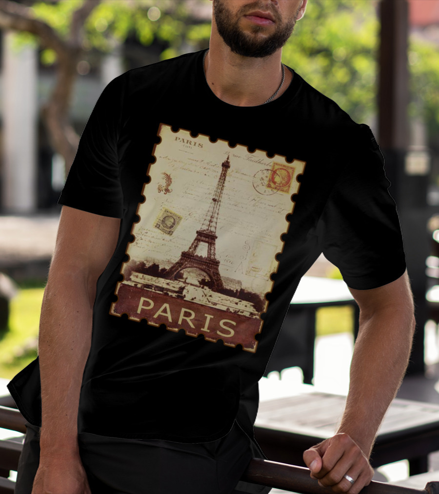 Vintage Eiffel Tower Paris Stamp With Distressed Paris Text T-Shirt