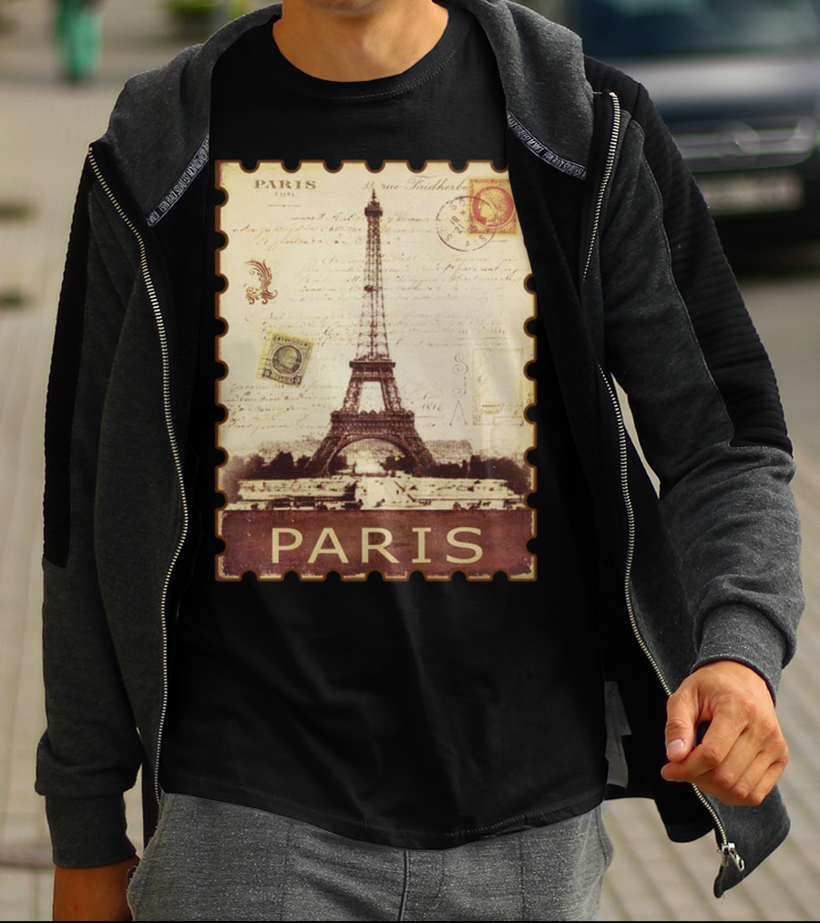 Vintage Eiffel Tower Paris Stamp With Distressed Paris Text T-Shirt