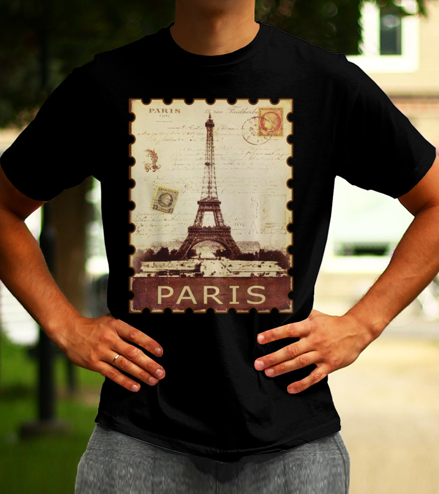 Vintage Eiffel Tower Paris Stamp With Distressed Paris Text T-Shirt