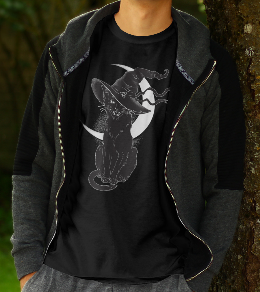 Vintage Scary Halloween Black Cat Sitting In Front Of Crescent Moon Wearing Witch Hat T-Shirt