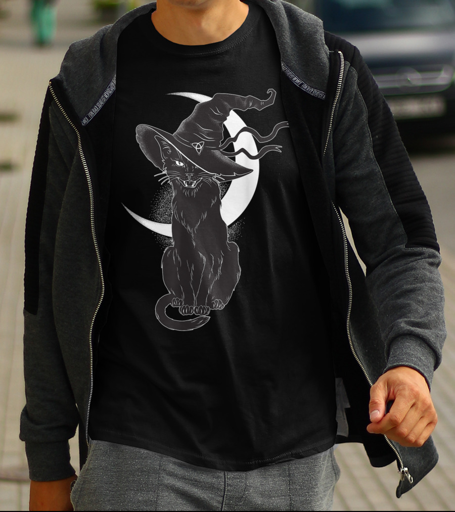 Vintage Scary Halloween Black Cat Sitting In Front Of Crescent Moon Wearing Witch Hat T-Shirt