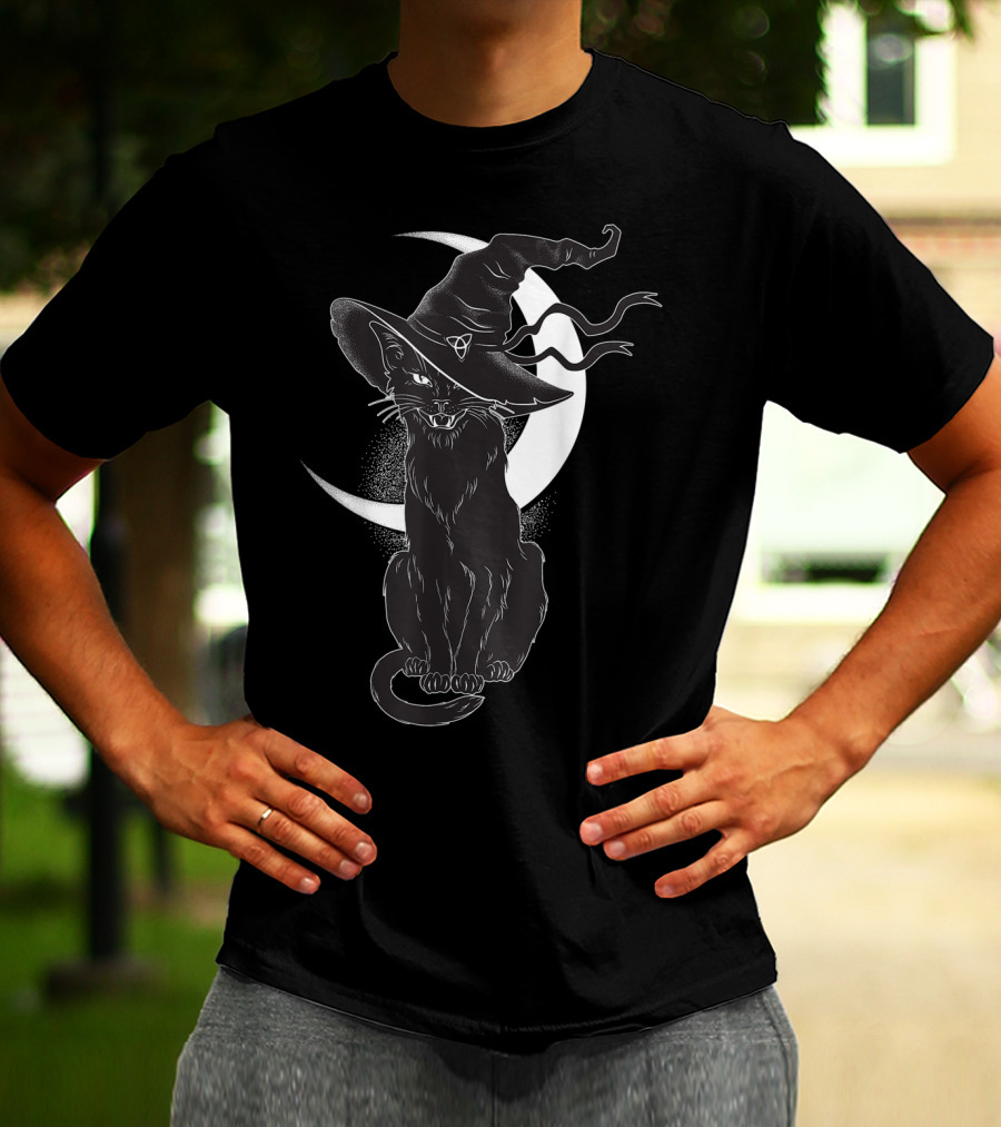 Vintage Scary Halloween Black Cat Sitting In Front Of Crescent Moon Wearing Witch Hat T-Shirt