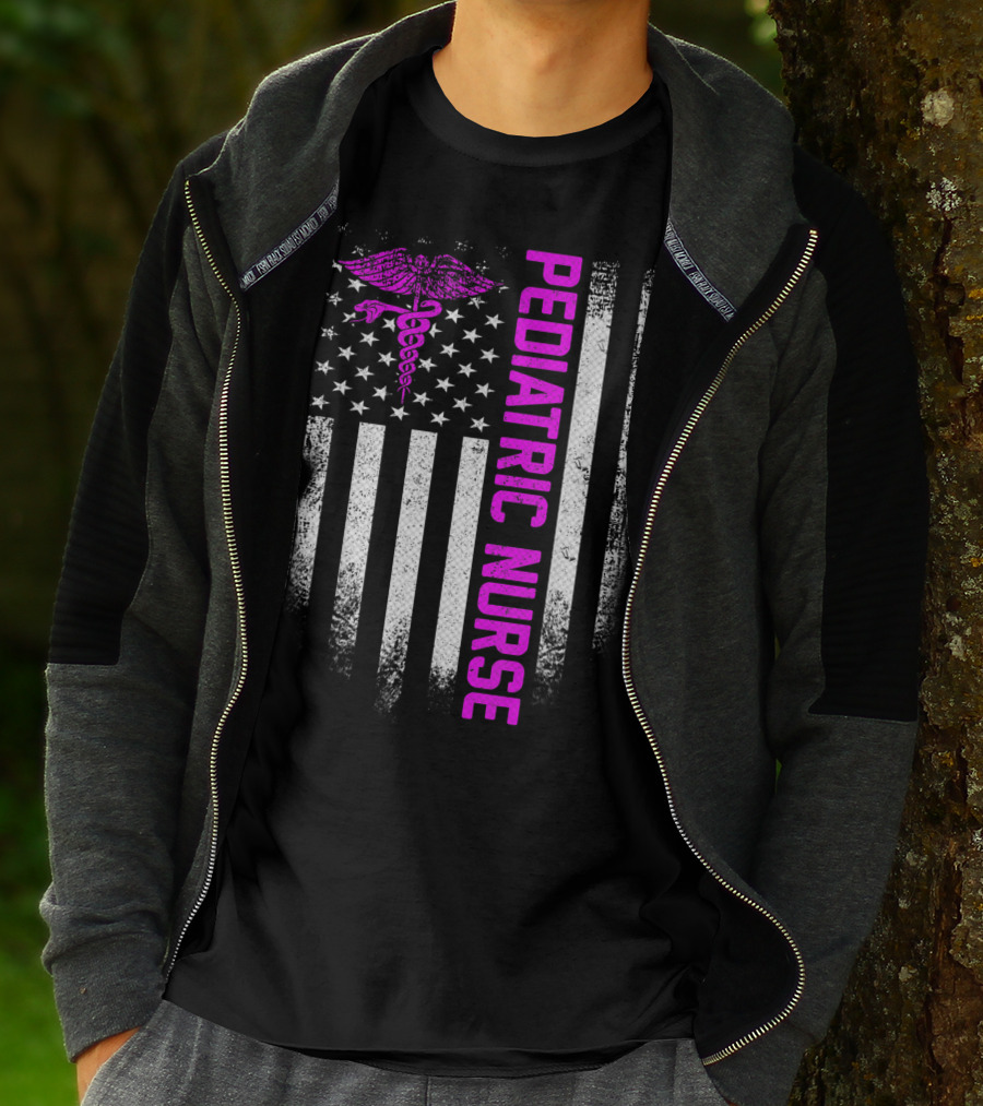 Pediatric Nurse American Flag Vintage USA Caduceus T-Shirt