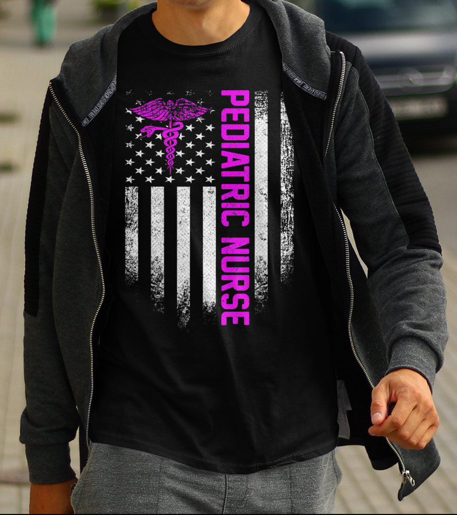 Pediatric Nurse American Flag Vintage USA Caduceus T-Shirt