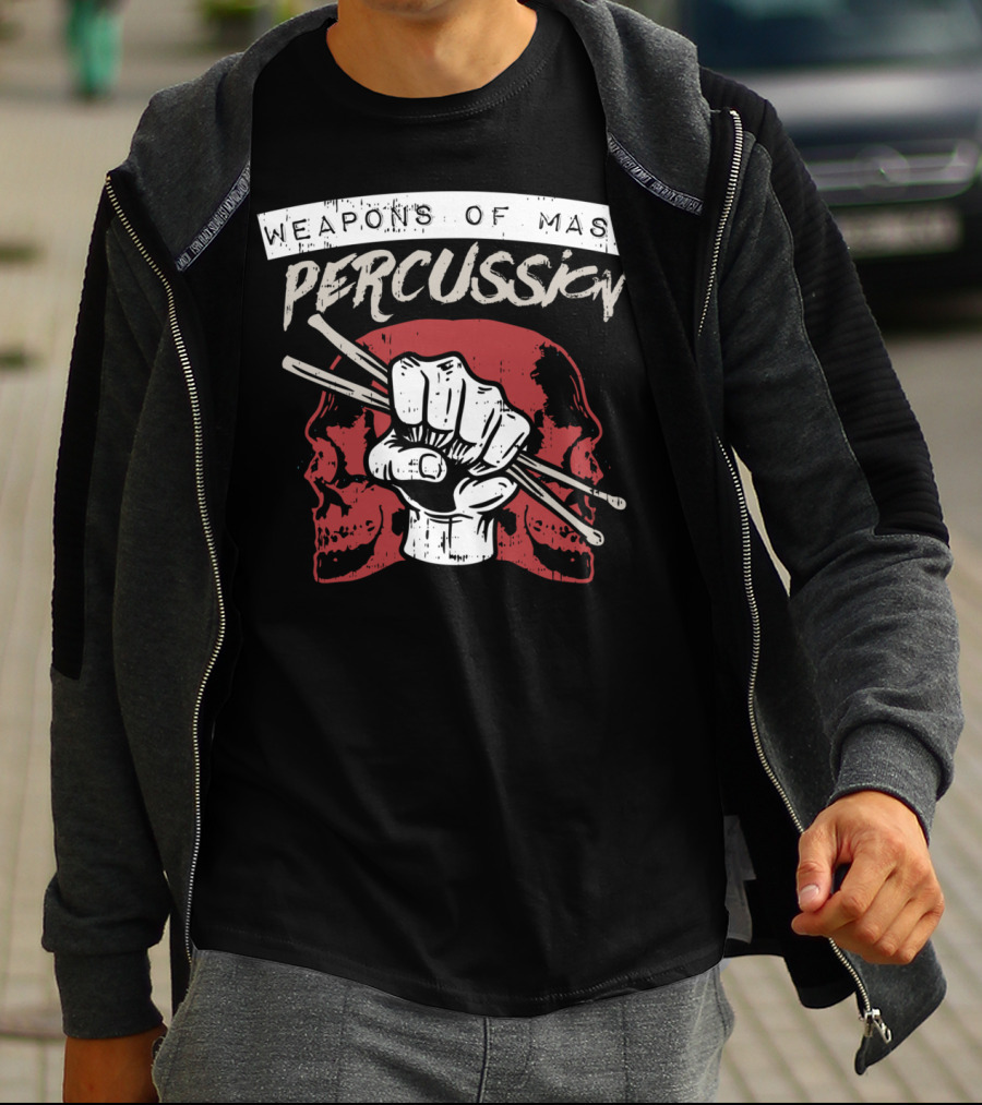 Weapons Of Mass Percussion Skull Fist Drummer Sticks T-Shirt