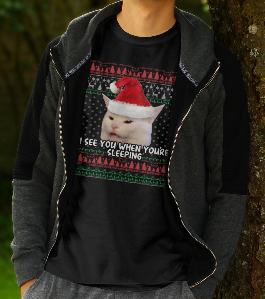 Smudge The Cat Santa Hat Christmas I See You When You're Sleeping T-Shirt