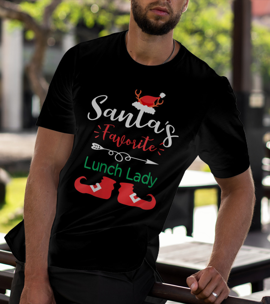 Santa's Favorite Lunch Lady Christmas Hat And Elf Boots T-Shirt