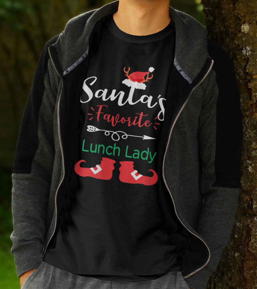 Santa's Favorite Lunch Lady Christmas Hat And Elf Boots T-Shirt