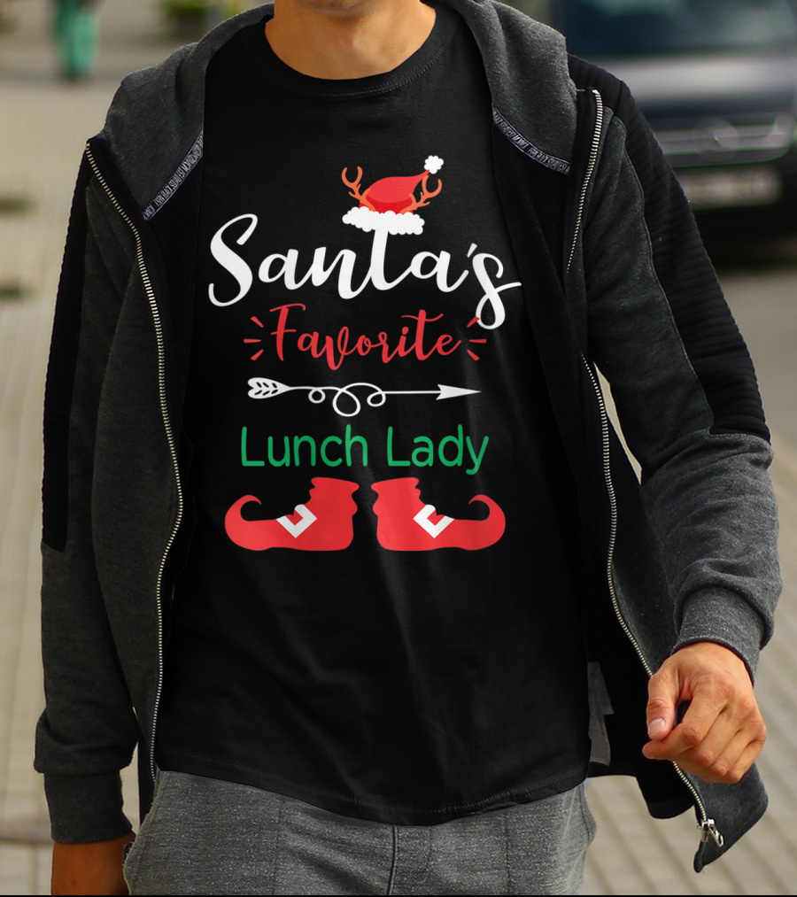 Santa's Favorite Lunch Lady Christmas Hat And Elf Boots T-Shirt