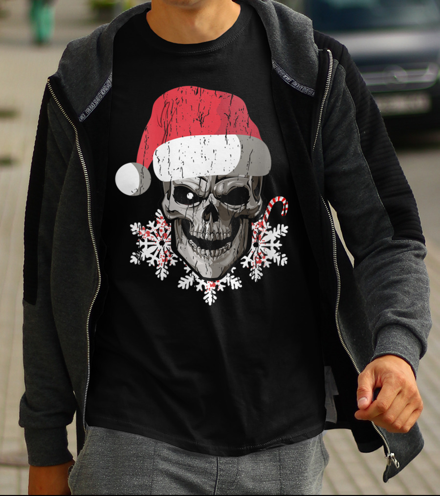 Skull With Santa Hat Snowflakes Candy Cane T-Shirt