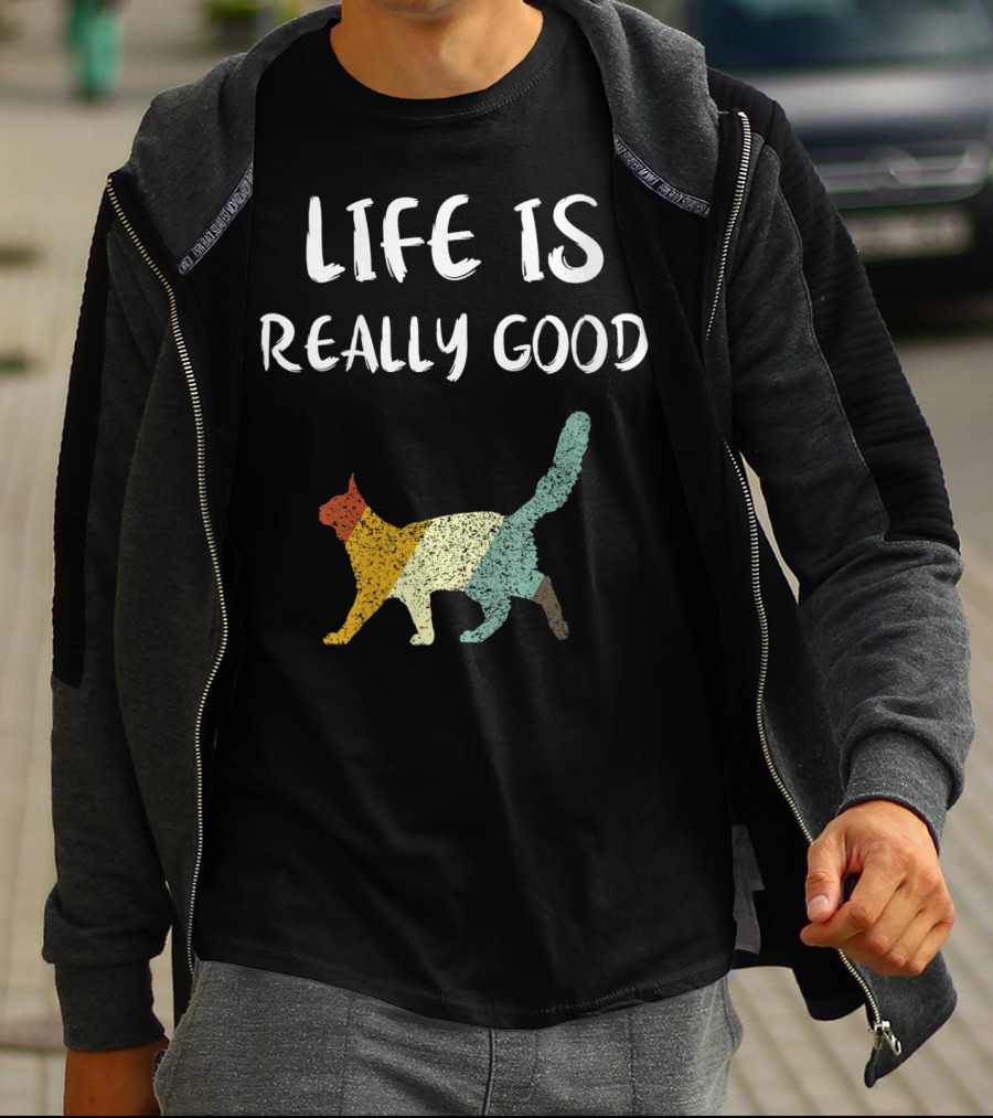 Life Is Really Good Vintage Cat Multicolor T-Shirt