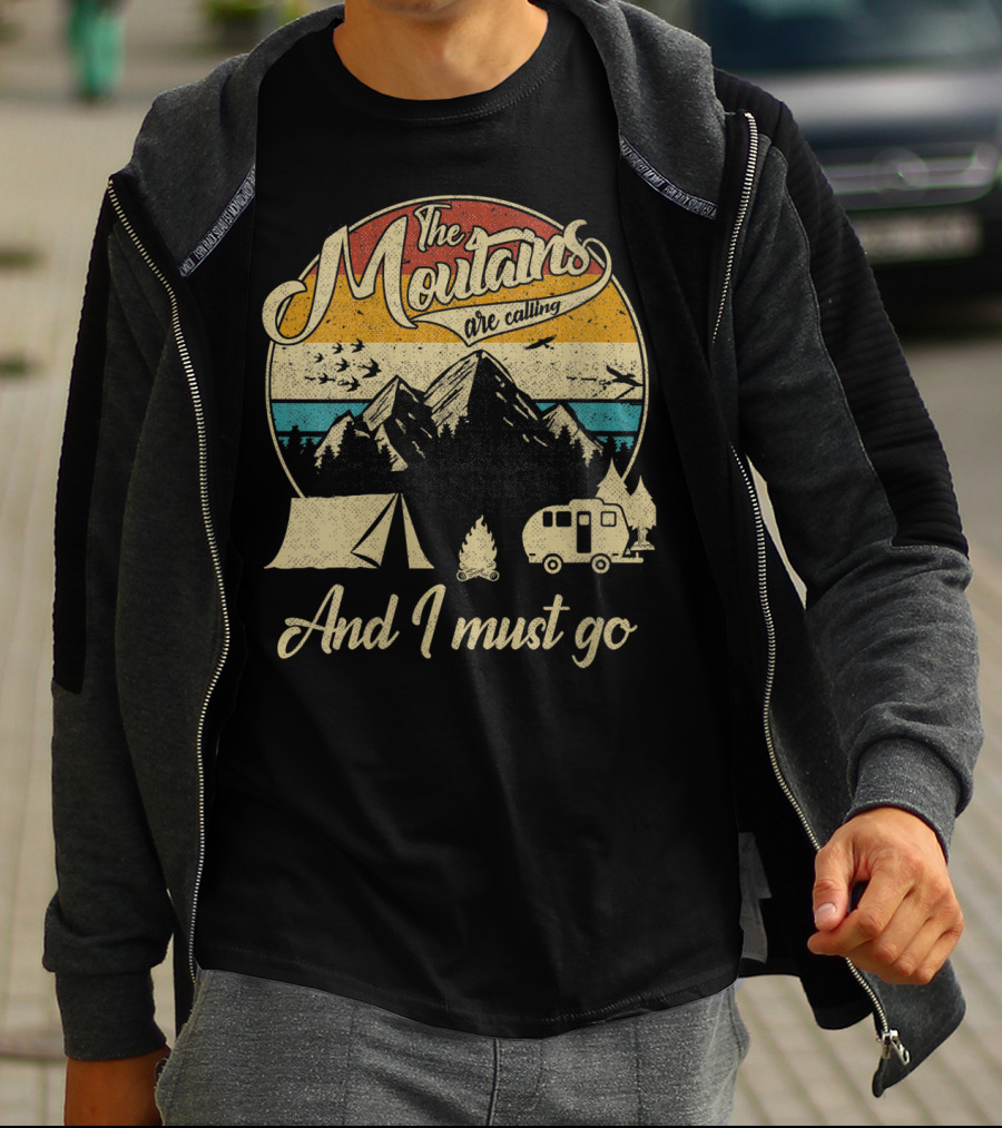 The Mountains Are Calling And I Must Go Vintage 80s Camping Scene T-Shirt