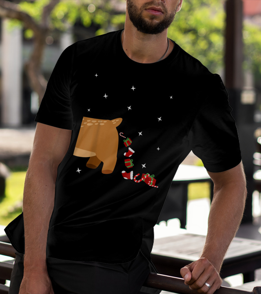 Xmas Sick Reindeer Costume Matching Couple With Stars And Falling Candy Cane Presents T-Shirt