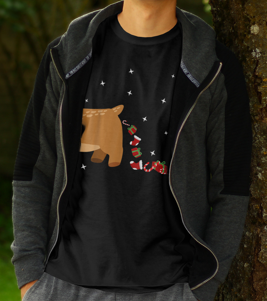 Xmas Sick Reindeer Costume Matching Couple With Stars And Falling Candy Cane Presents T-Shirt