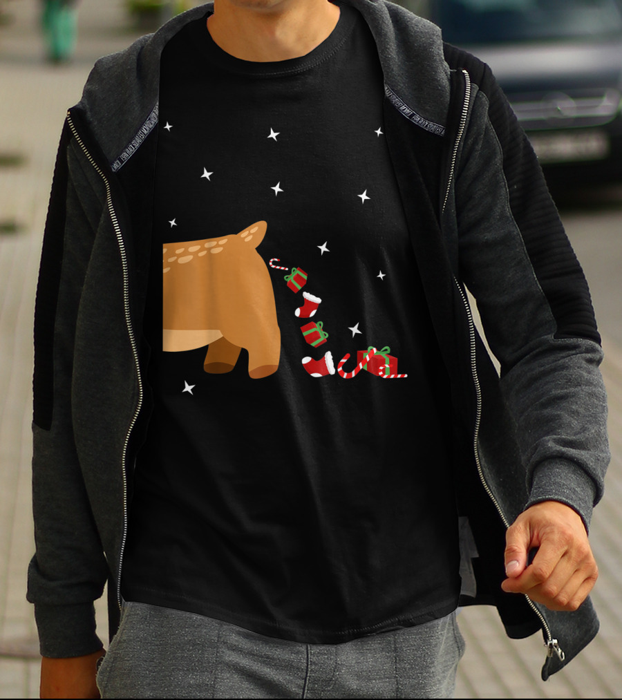 Xmas Sick Reindeer Costume Matching Couple With Stars And Falling Candy Cane Presents T-Shirt