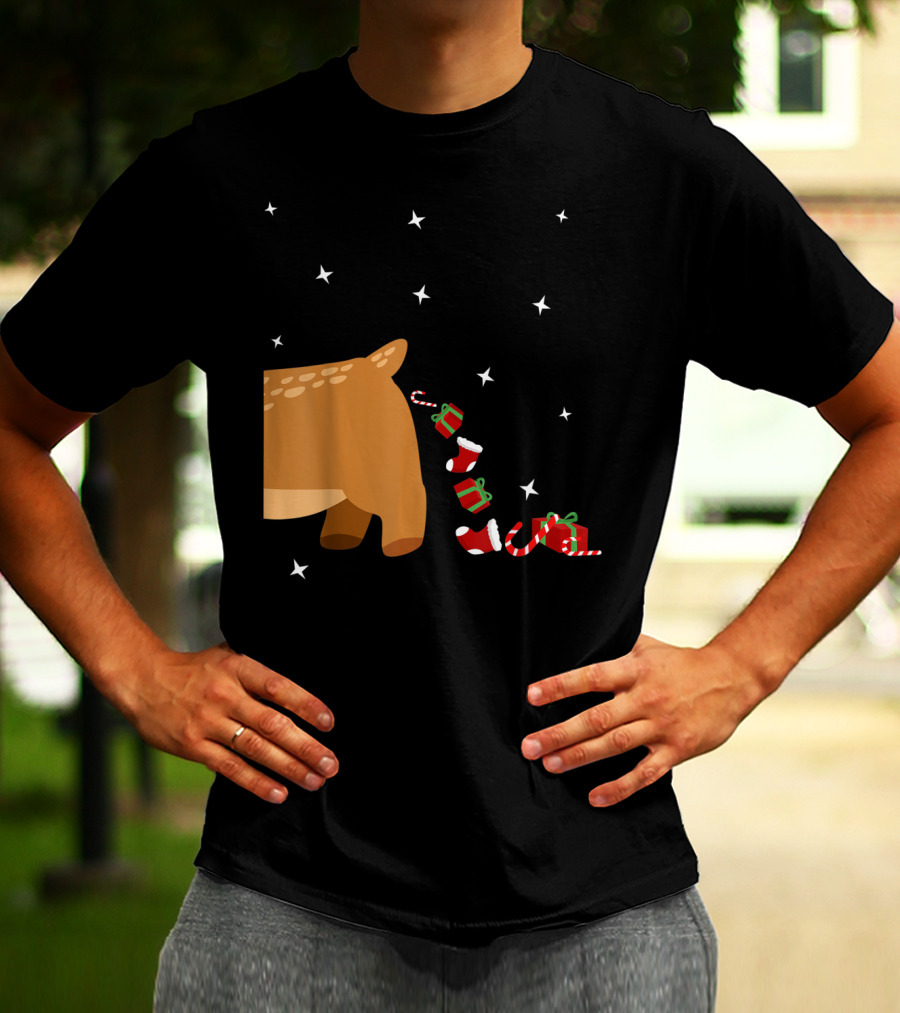 Xmas Sick Reindeer Costume Matching Couple With Stars And Falling Candy Cane Presents T-Shirt