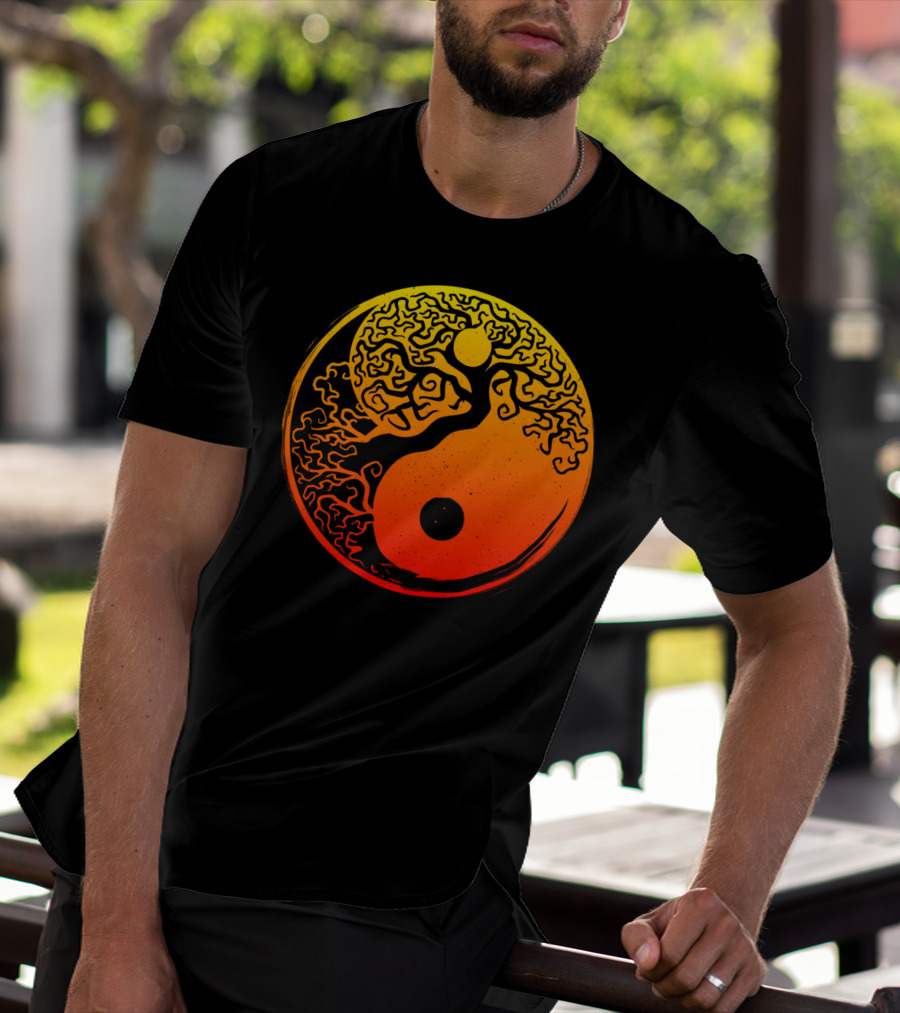 Yin Yang Bonsai Tree Japanese Golden Sun Circle T-Shirt