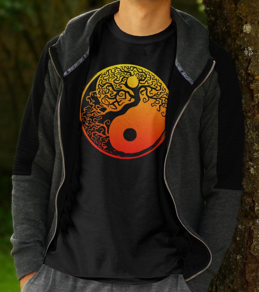 Yin Yang Bonsai Tree Japanese Golden Sun Circle T-Shirt