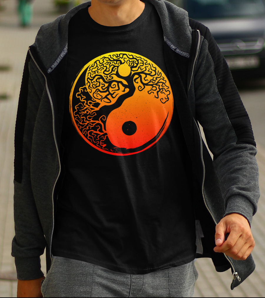 Yin Yang Bonsai Tree Japanese Golden Sun Circle T-Shirt