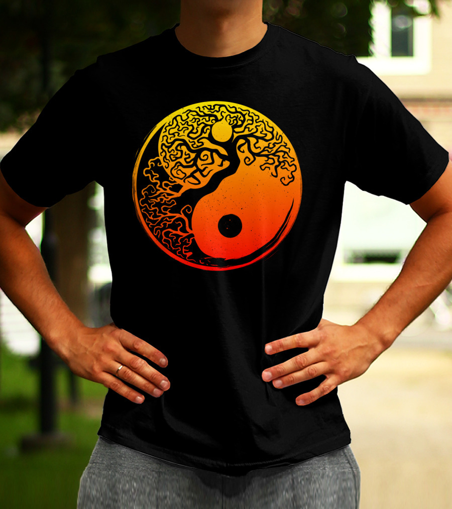Yin Yang Bonsai Tree Japanese Golden Sun Circle T-Shirt
