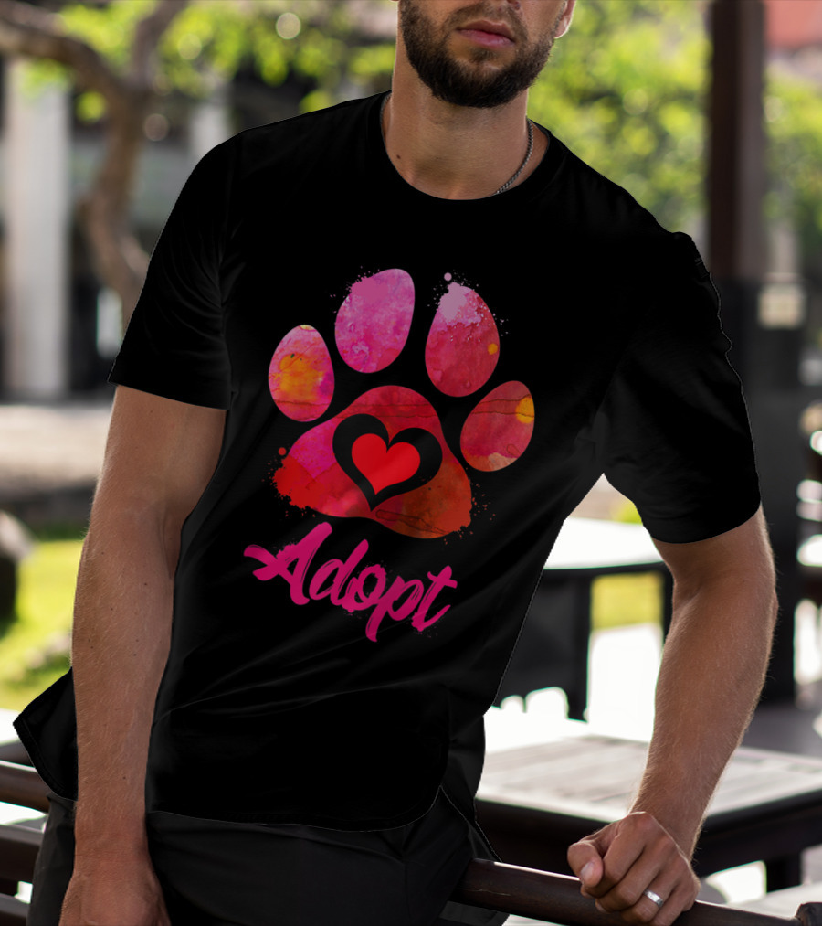 Adopt Love Watercolor Heart Paw Rescue Animal Lover T-Shirt