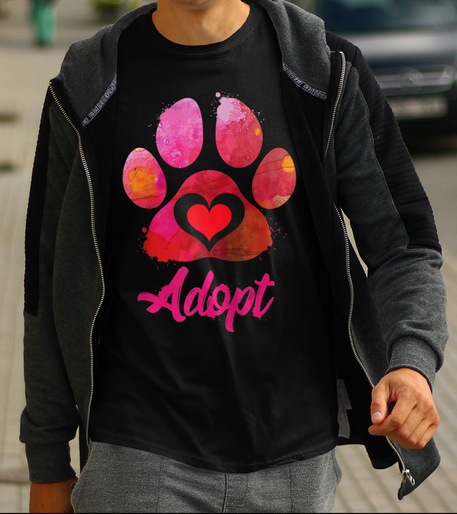 Adopt Love Watercolor Heart Paw Rescue Animal Lover T-Shirt