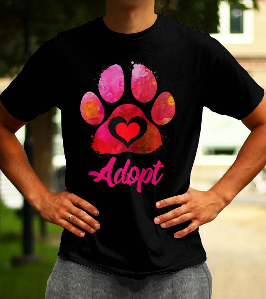 Adopt Love Watercolor Heart Paw Rescue Animal Lover T-Shirt