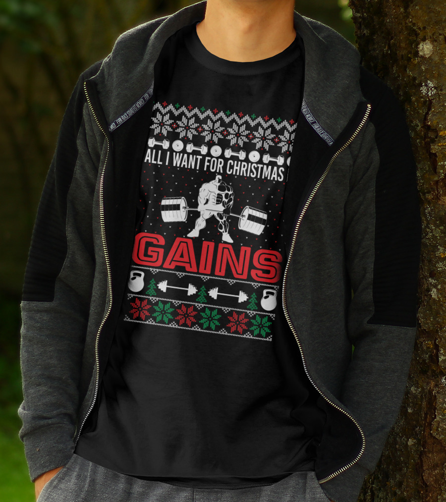 All I Want For Christmas Is Gains Weights Kettlebells Festive T-Shirt