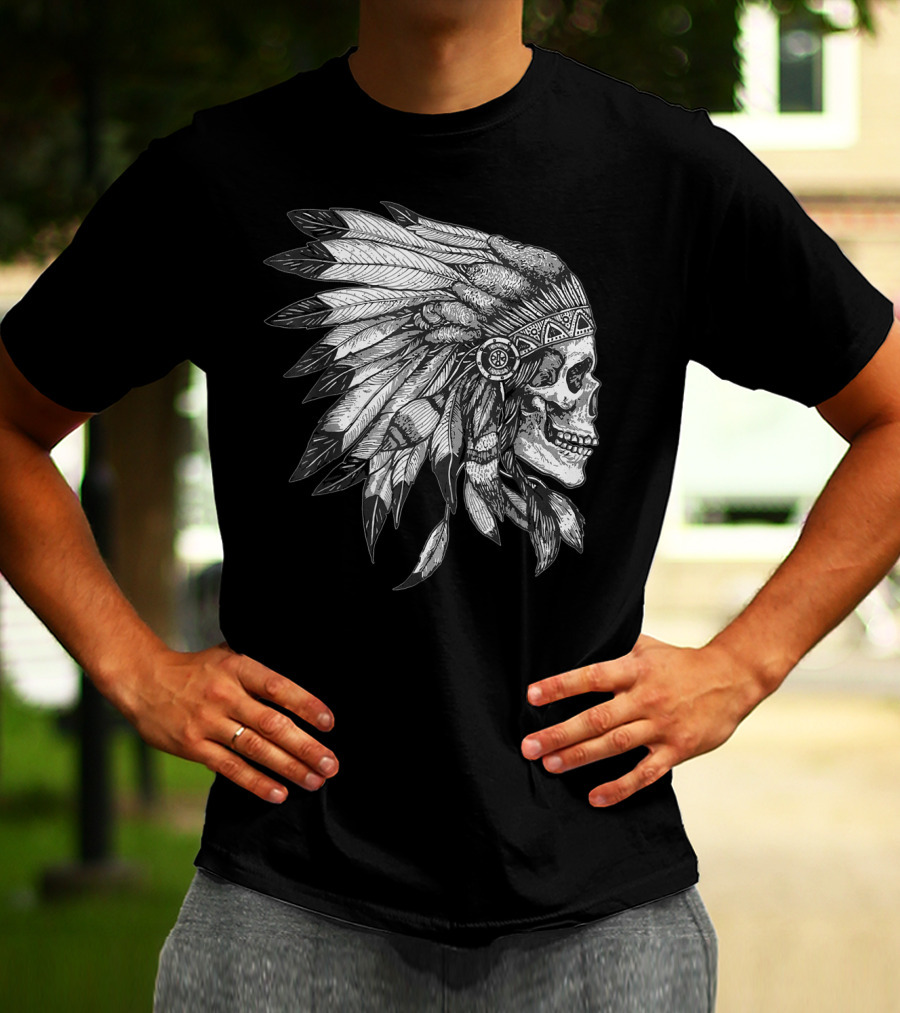 American Motorcycle Skull With Native Indian Eagle Feather Headdress T-Shirt