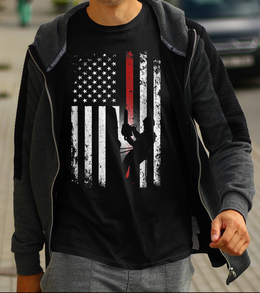 Patriotic Arborist Distressed American Flag With Climber And Chainsaw T-Shirt