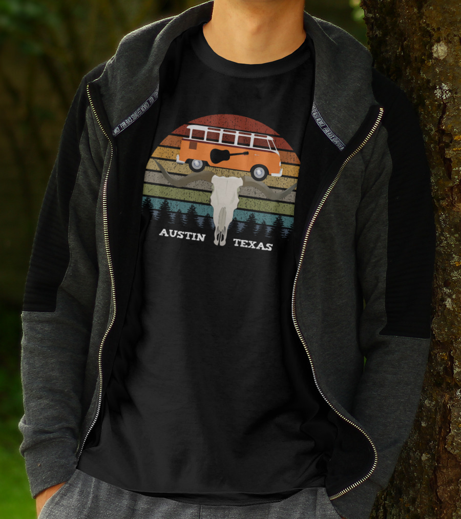 Austin Texas Sunset Van Guitar Skull Forest Vintage T-Shirt