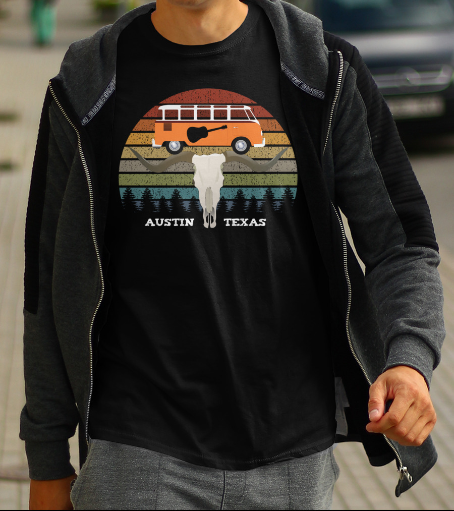 Austin Texas Sunset Van Guitar Skull Forest Vintage T-Shirt