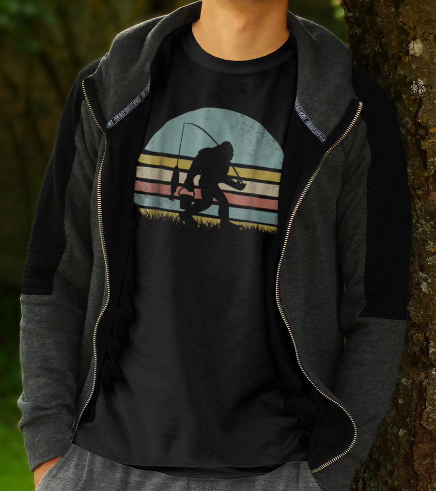 Awesome Bigfoot Fishing At Sunset Silhouette Retro Stripes T-Shirt