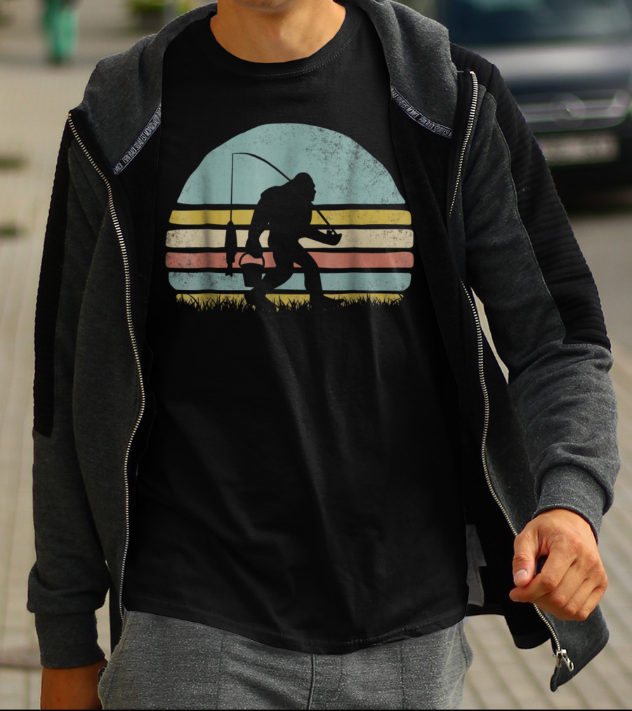 Awesome Bigfoot Fishing At Sunset Silhouette Retro Stripes T-Shirt