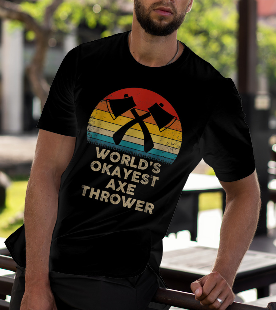 World's Okayest Axe Thrower Retro Axes Crossed Sunset T-Shirt