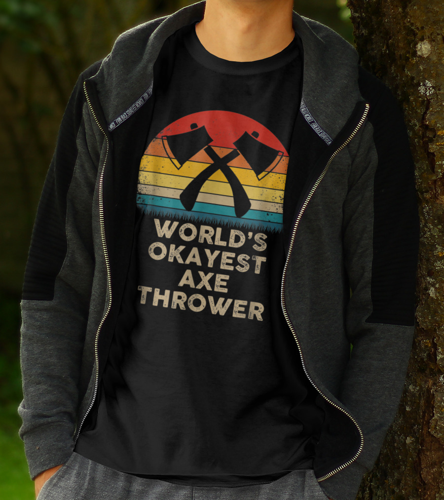 World's Okayest Axe Thrower Retro Axes Crossed Sunset T-Shirt