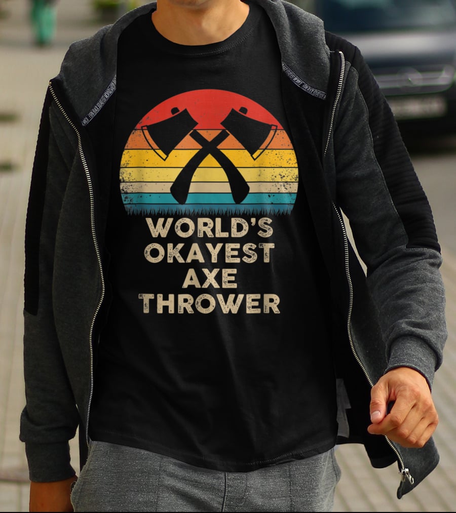 World's Okayest Axe Thrower Retro Axes Crossed Sunset T-Shirt