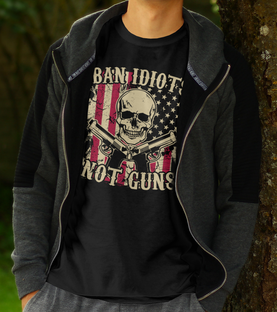 Ban Idiots Not Guns Skull With American Flag Pistols 2nd Amendment T-Shirt